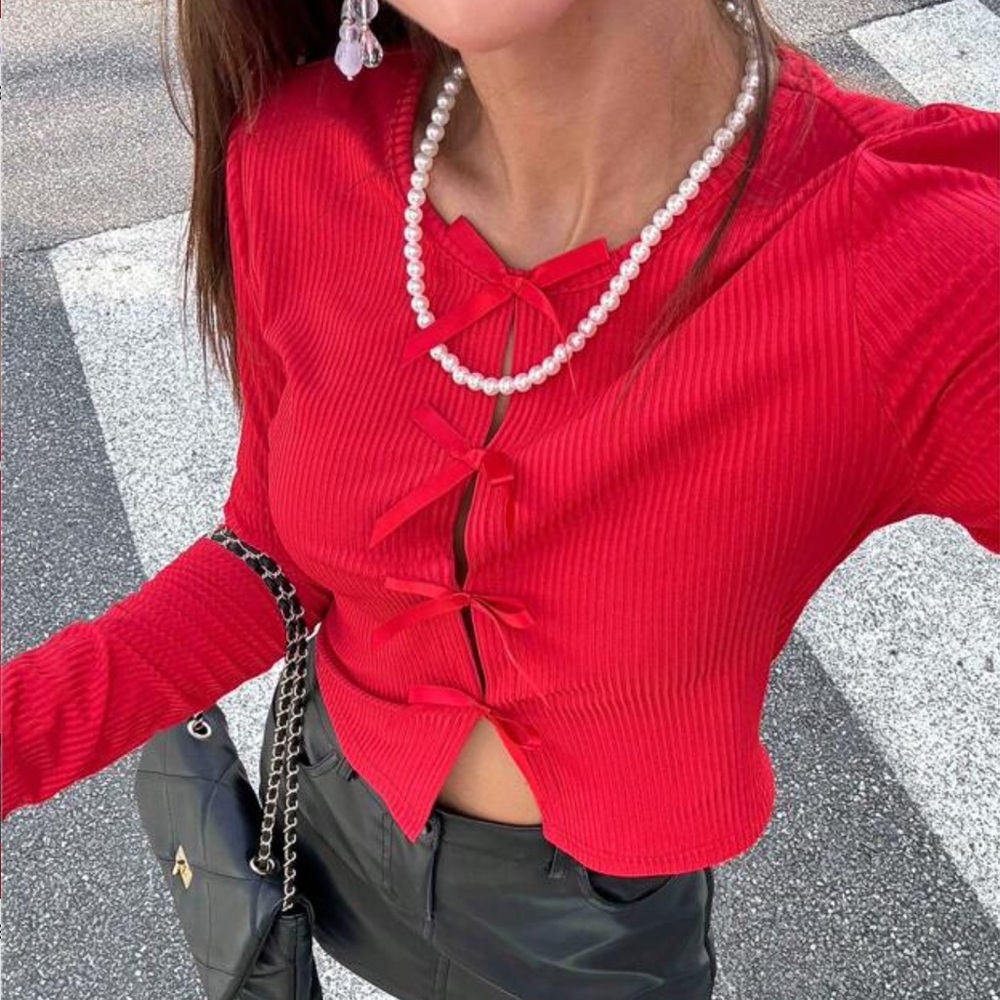 L Relaxiva Women's Casual Ribbed Bowknot Crop Top